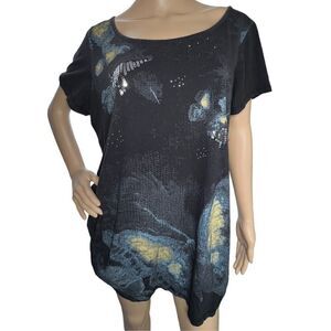 Piper & Blue Butterfly Patterned Short Sleeve Shirt With Sequins